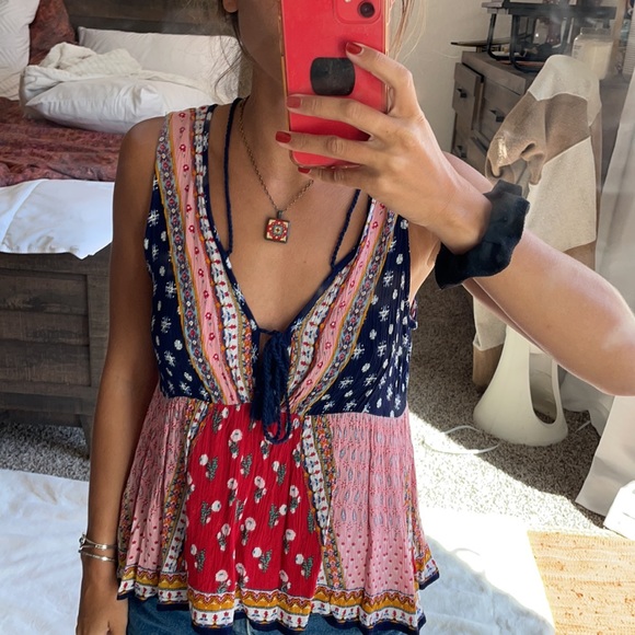 SOLD Boho patterned patchwork shirt. Shirtsleeve with two ties in the front. - Picture 2 of 3